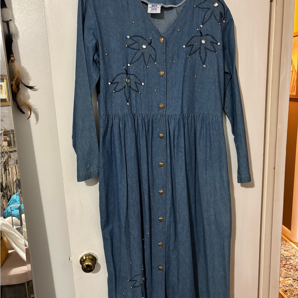 Blue Denim Maxi Dress with Floral Embellishments